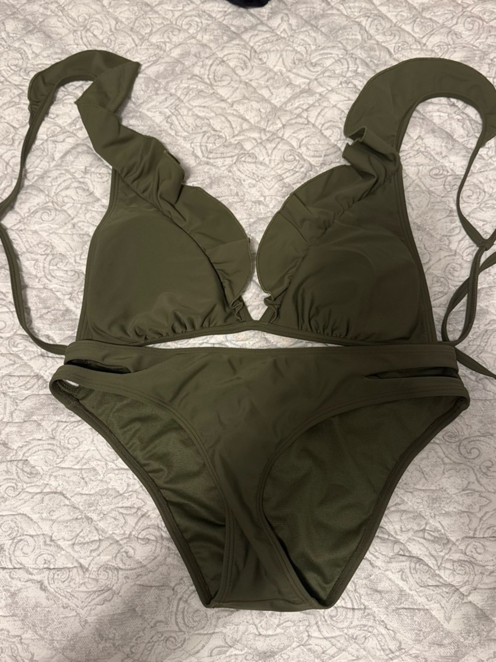 Express Olive Green Ruffle Triangle Bikini Set